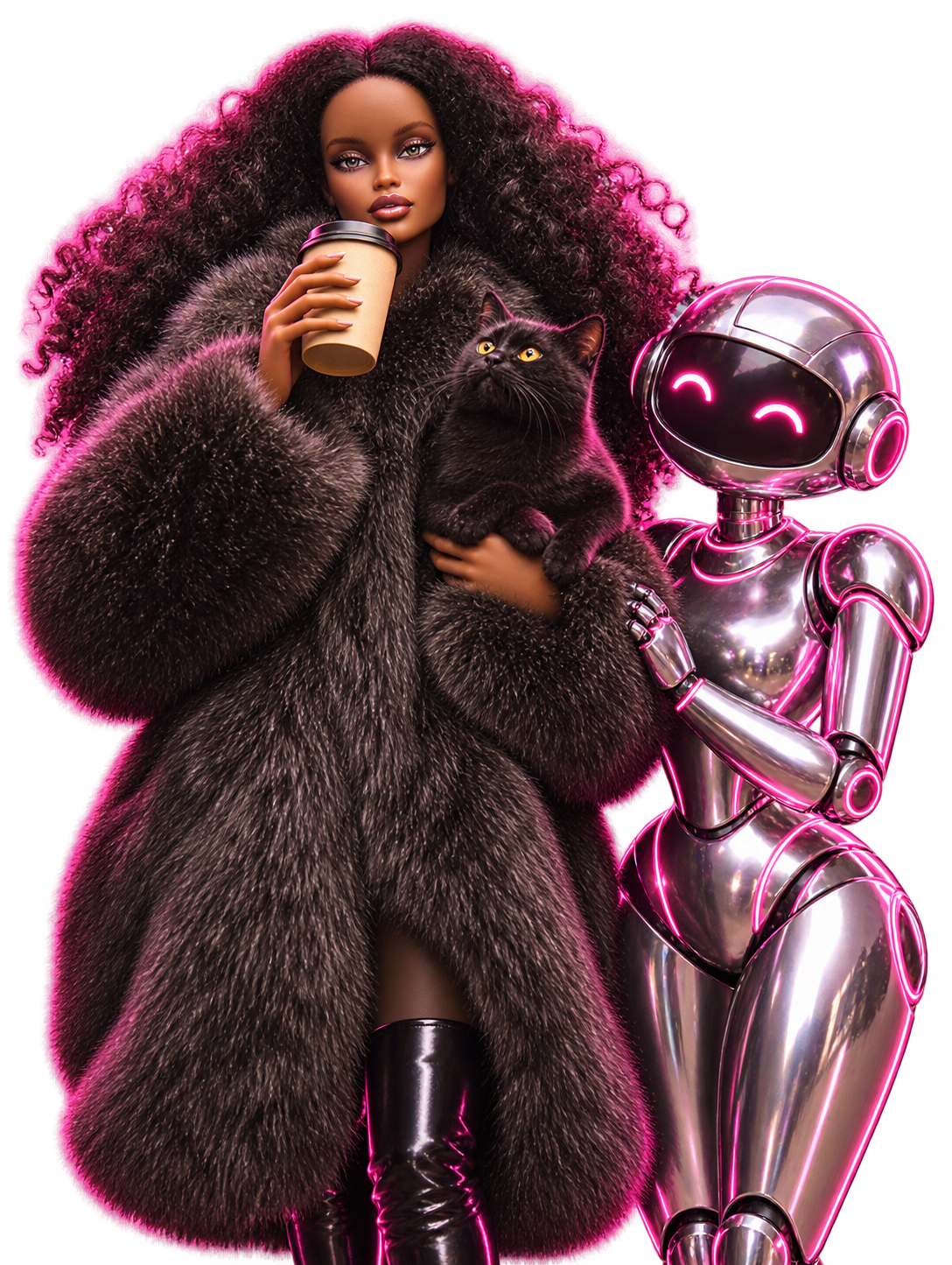 A glamorous woman with coffee and a black cat beside a friendly chrome robot
